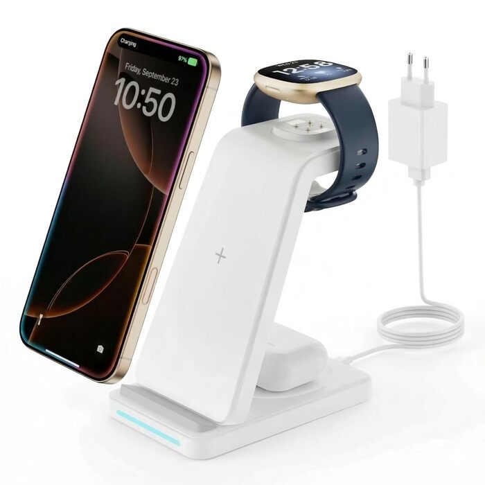 GEEKERA 3-в-1 Бездротова Зарядка для Google Pixel Watch 3/2, Fitbit Versa 4/3, Sense 2/Sense, iPhone, Pixel, Samsung – Матове Біле