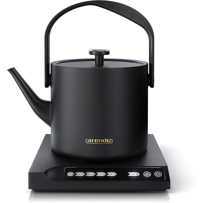 Arendo Stainless Steel Electric Kettle with Temperature Control - 40° to 100° - Keep Warm Function - 0.5 Liter - Sensor Buttons - 360° Swivel Base - Retro Design - Black