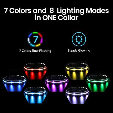 Світлодіодне нашийник для собак Masbrill з підзарядкою, 7 кольорів RGB, 8 режимів світіння, регульований, вологостійкий, для собак маленьких, середніх та великих порід, чорний, розмір M