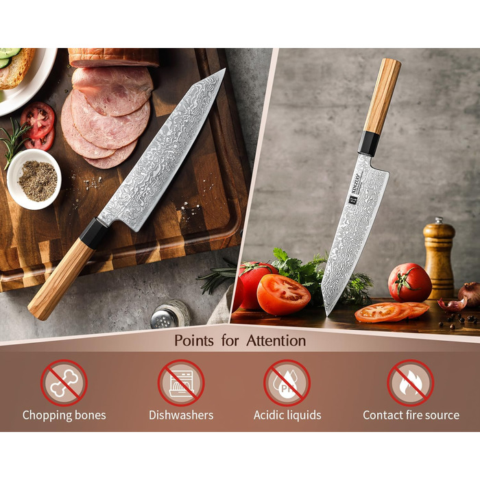 Японський ніж Kiritsuke XINZUO з дамаської сталі, 21.5 см, Gyuto, ручка з оливкового дерева та чорного рогу буйвола, ручна робота, з піхвою