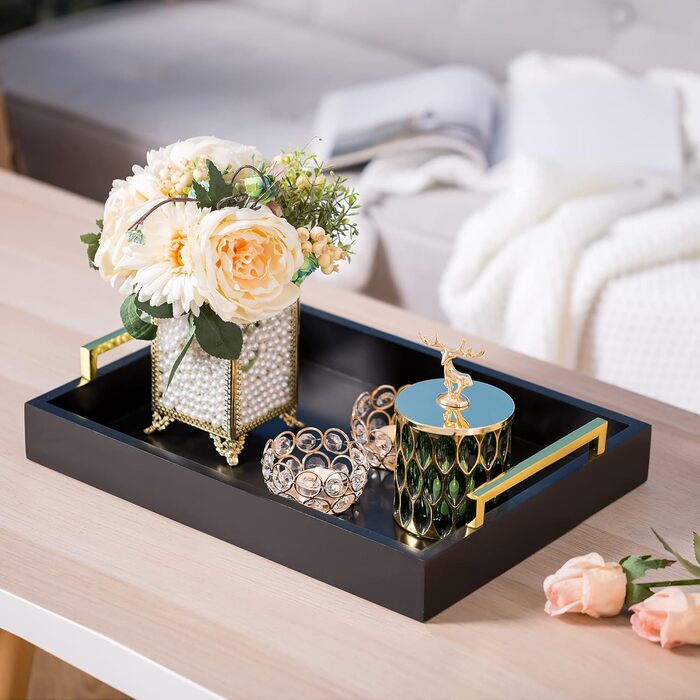 Hanobe Serving Tray Decor Tray Wood: Set of 3 Black Decorative Wooden Trays with Gold Handles Coffee Table, Rectangular Jewelry Tray, Bedside Table Tray, Modern Candle Tray, Coffee Decor Tray