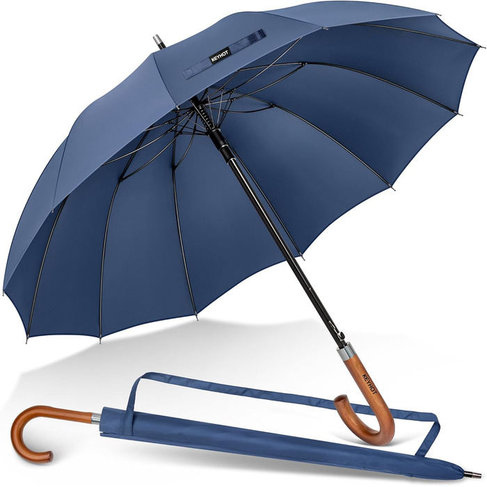 Stormproof Umbrella - XL Wooden Handle Rain Stick Umbrella for Men & Women - 12 Ribs, 118cm, Marine Blue