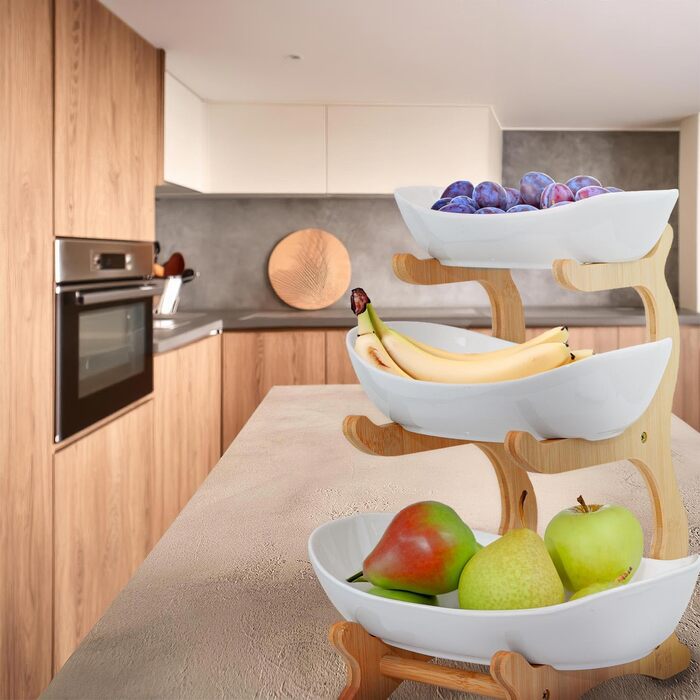 Dimono® Етажерка для сервірування: 3-ярусна етажерка для подачі їжі з керамічних мисок та бамбукового підставки. Ідеально для десертів, фруктів, овочів та солодощів.