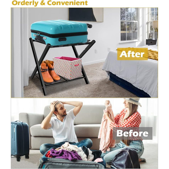 mocomax 1 Pack Folding Luggage Rack for Guest Rooms, Folding Suitcase Stand with Metal Shelf for Bedrooms, Living Rooms, Hotel Essentials, Robust Steel Frame, Black