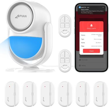CPVAN сигналізація для дому, Wi-Fi сигналізація з PIR-датчиком руху, захист від зламу, датчик на вікно/двері, керування з пульта та через додаток, без абонплат, біла