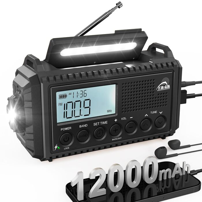 Радіо на механічній ручці з сонячною панеллю та Powerbank 12000mAh | FM/AM/SW радіо для екстрених ситуацій, зарядка USB-C, SOS-сигнал, ліхтарик та лампа для читання | Водонепроникне, портативне радіо для кемпінгу, туризму, чорне