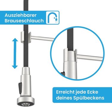 Кухонний змішувач Bächlein Nedo – поворотний на 360 градусів, з нержавіючої сталі, з гнуким гусаком та висувною лійкою, для кухні