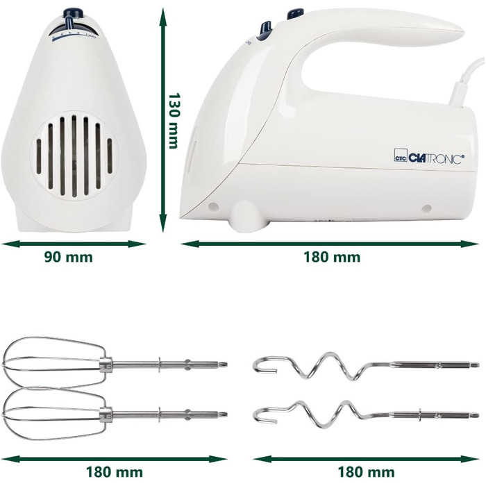 Міксер Clatronic HM 3775 потужністю 400 Вт: 5 швидкостей, турборежим, нержавіючі насадки, білий/сірий