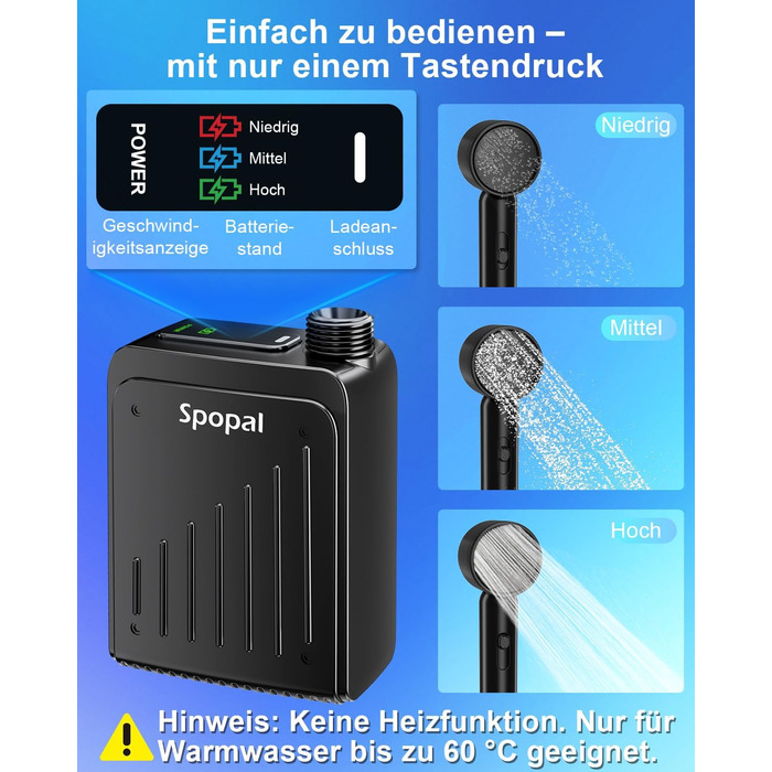 Портативний душ для кемпінгу Spopal 5000mAh, водонепроникний IPX8, з насосом, насадкою, гачком. Для туризму, пляжу, авто, миття тварин