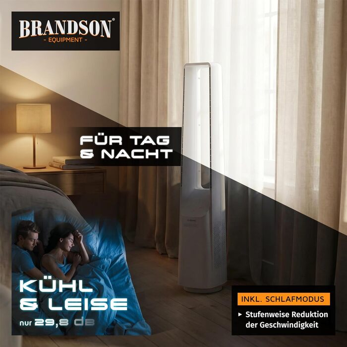 Вентилятор підлоговий безлопатевий Brandson ECO Line – тихий, з пультом, 6 швидкостей, режим сну, білий