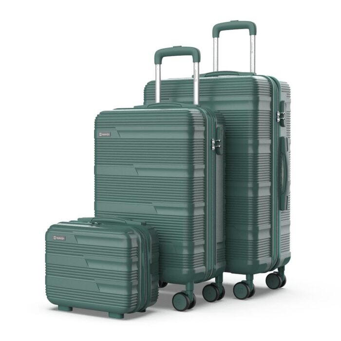 Набір валіз NUMADA Upfly T10 (3 шт.) з ABS: ручна валіза 55x40x20, середня валіза 66x44x26, косметичка. Зелений колір. Безпечний та міцний.