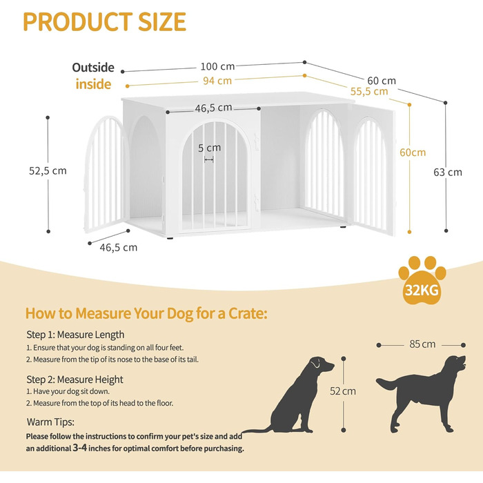 Клітка для собак Hzuaneri, 100 см, 3 двері, сучасний дизайн, для дому, висока міцність, 100 x 60 x 63 см, DFC84101B (білий)