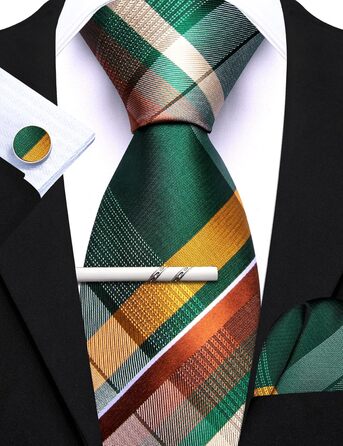 Краватка Barry.Wang в клітинку з набором для краватки (хустинка, краватка, запонки) – зелено-жовта