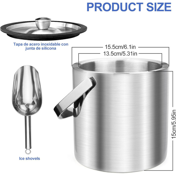 Ейскюбель з кришкою та лопаткою з нержавіючої сталі: ізольований ейскюбель для льоду, пива, секту, вино, напої, фрукти (2,2л)