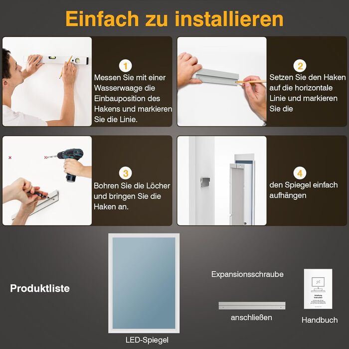 Дзеркало для ванної кімнати з підсвічуванням 50x70 см, LED, антизапар, 2 кольори світла (3000K/6500K), прямокутне, без рами