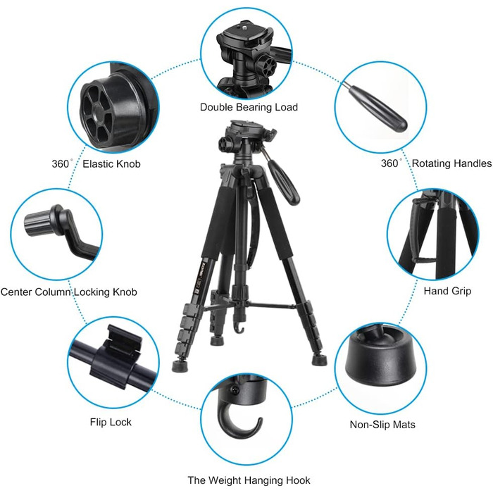 Штатив ZOMEi 188 см, професійний, для DSLR, камер, телефонів, проекторів, далекобійних приладів (чорний)