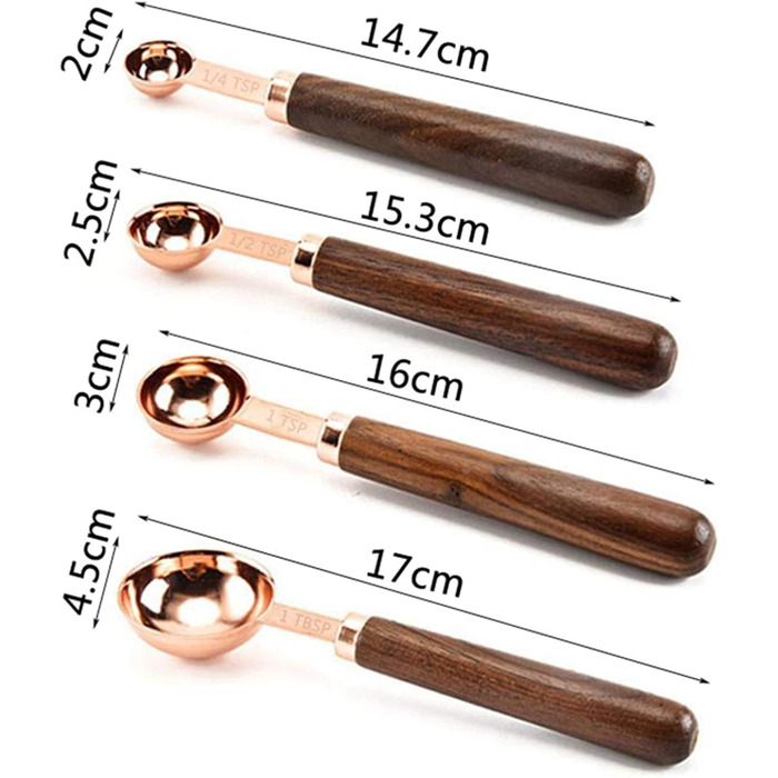 VENEKA 2X Measuring Cup Set Wooden Handle Stainless Steel Coated Copper Metal Measuring Spoons Baking Kitchen Accessories