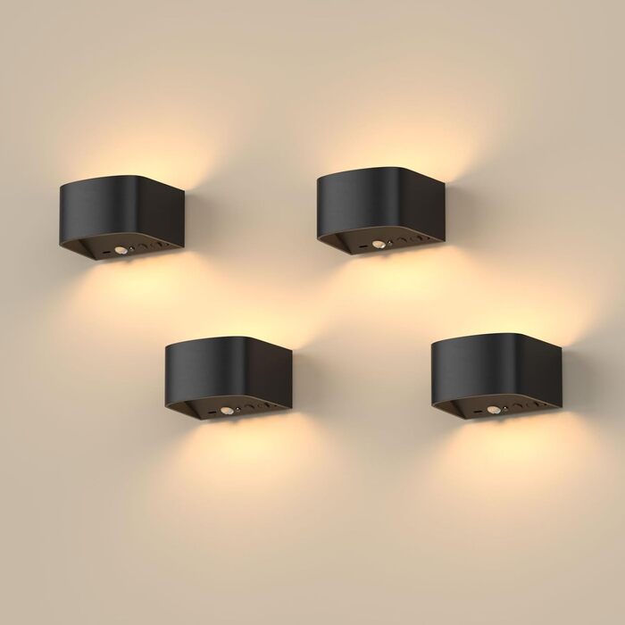 Настінні світильники FULEN з датчиком руху, 4 шт. – LED, 3 кольори, дистанційне керування, регулювання яскравості, чорний
