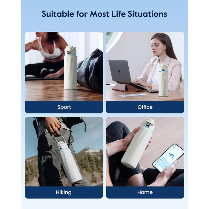 Розумна пляшка для води WATERH Boost з нагадуванням та трекером, 946 мл, нержавіюча сталь, подвійні стінки, широке горлечко, білий колір