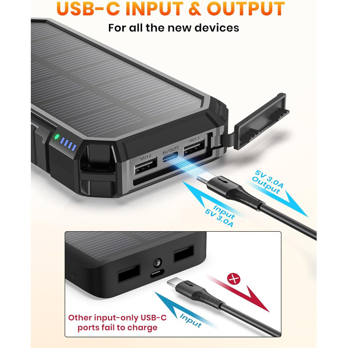 Powerbank Riapow сонячний бездротовий 26800mAh: акумулятор з USB-C, LED-ліхтарик для смартфона, планшета, кемпінгу (чорний)