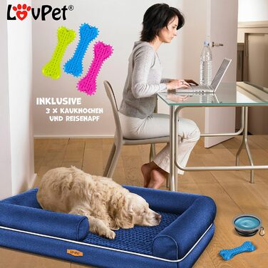 Ортопедичне ліжко для собак з подушкою та мискою, 3 іграшки, лежанка для собак маленьких, середніх та великих порід, знімний та пральний чохол, 106x80x22 см, Navyblau L (106 x 80 x 25 см) Navyblau