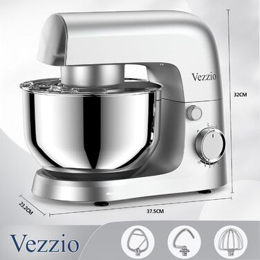 Міксер тістовий Vezzio Knetmaschine 1500W, 4.5л, 10 швидкостей, з набором насадок (зелений, срібний)