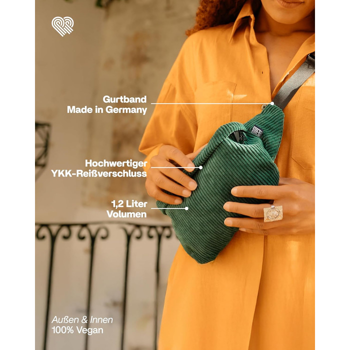 Чоловіча та жіноча поясна сумка PP-Berlin з корду, 3 відділення, ручної роботи, веганська, Made in Germany, для повсякденного використання та відпочинку, можна носити як через плече (зелена)