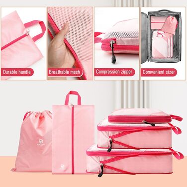 Набір органайзерів для валізи AiQInu: 5 шт. з компресією, мішки для білизни та взуття, рожевий