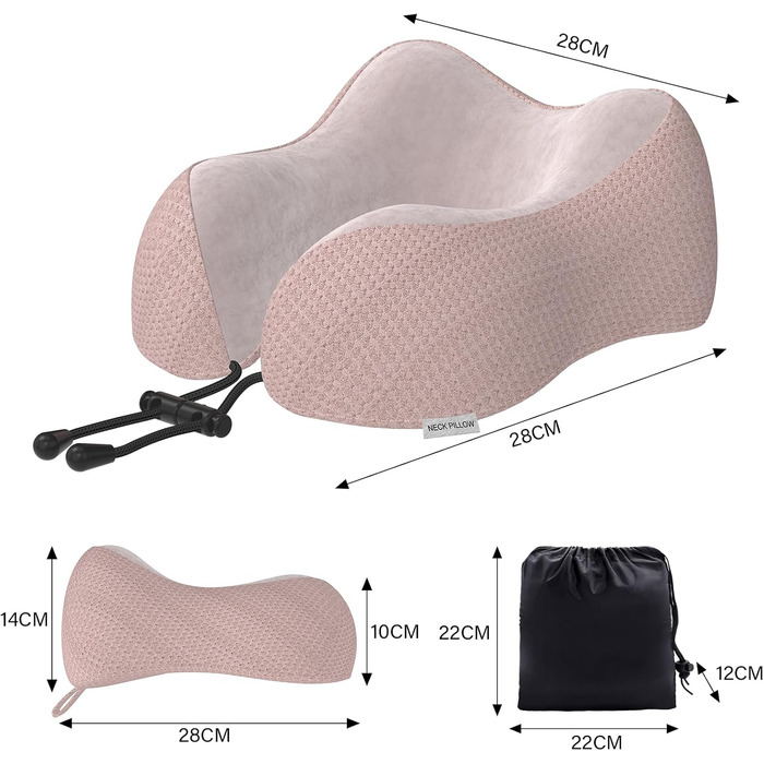 Подушка для шиї Estefanlo для подорожей: автомобіль, літак, офіс. Memory Foam, м'який велюровий чохол (рожевий)