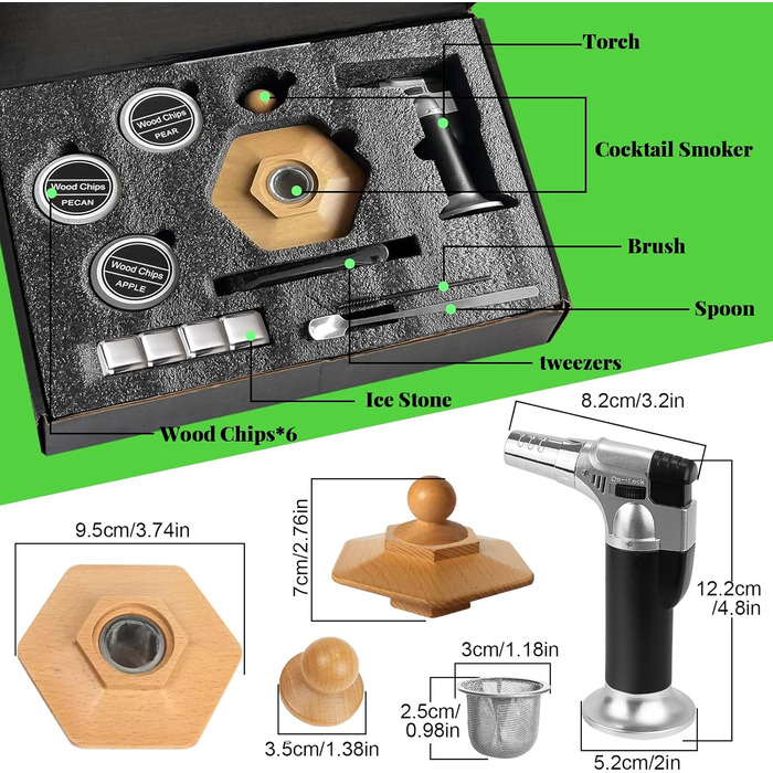 Набір для копчення коктейлів з ліхтариком, 6 смаків дерев'яної стружки, 4 кубики віскі, портативний набір для копчення коктейлів у подарунок для чоловіків, металевий набір для копчення віскі (без бутану)
