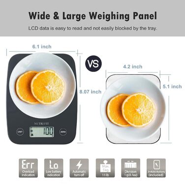Кухонні ваги Nutri Fit: цифрова вага з нержавіючої сталі, ультраплоска, LCD-дисплей, 5 кг, 4 одиниці вимірювання