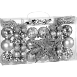 DEUBA® Новорічні кулі 66 шт. Ø 3-6 см, пластик, матові та глянцеві, для прикраси ялинки, срібні