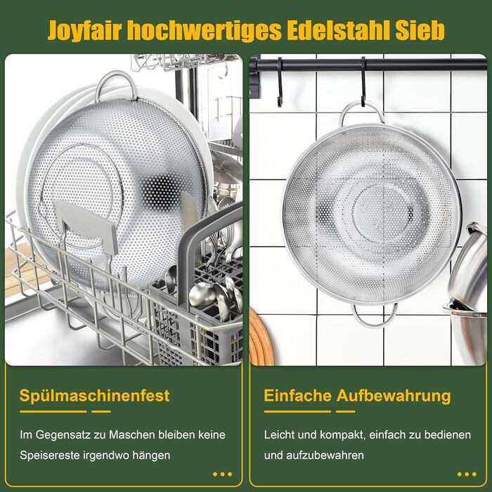 Дуршлаг Joyfair 28 см з нержавіючої сталі для овочів, фруктів, макаронів - великий, з ручками, перфорований, для кухні, можна мити в посудомийній машині