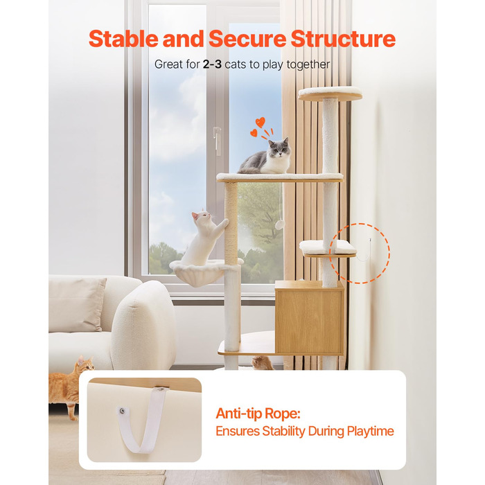 Дерево-подряпки VEVOR для котів, 600x600x1750 мм, багатоярусне, з гамаком та будиночком, з сизалю