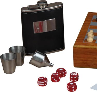 Набір флакон для алкоголю 237 мл з шахами, кубиками, картами, воронкою в дерев'яній шкатулці – подарунковий набір для чоловіків – аксесуари для бару та дорожній набір для віскі, горілки, джину та ін.