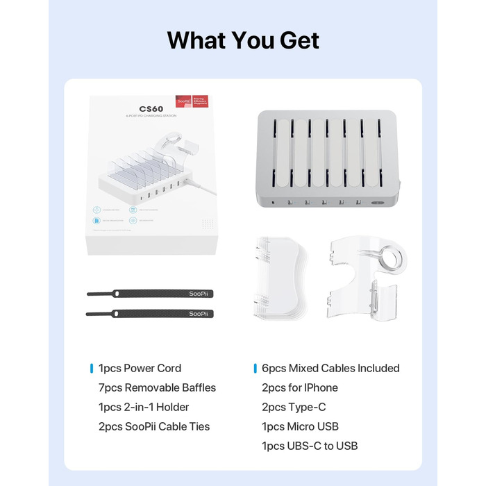 Зарядна станція SooPii USB 60W/12A з 6 портами, органайзер для декількох пристроїв з тримачем для Apple Watch, 6 кабелів в комплекті (срібло)