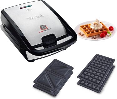 Мультифункціональний вафельниця і сендвічниця Tefal SW852D Snack Collection, антипригарне покриття, 700 Вт, змінні пластини, для вафель і сендвічів, чорний/сріблястий