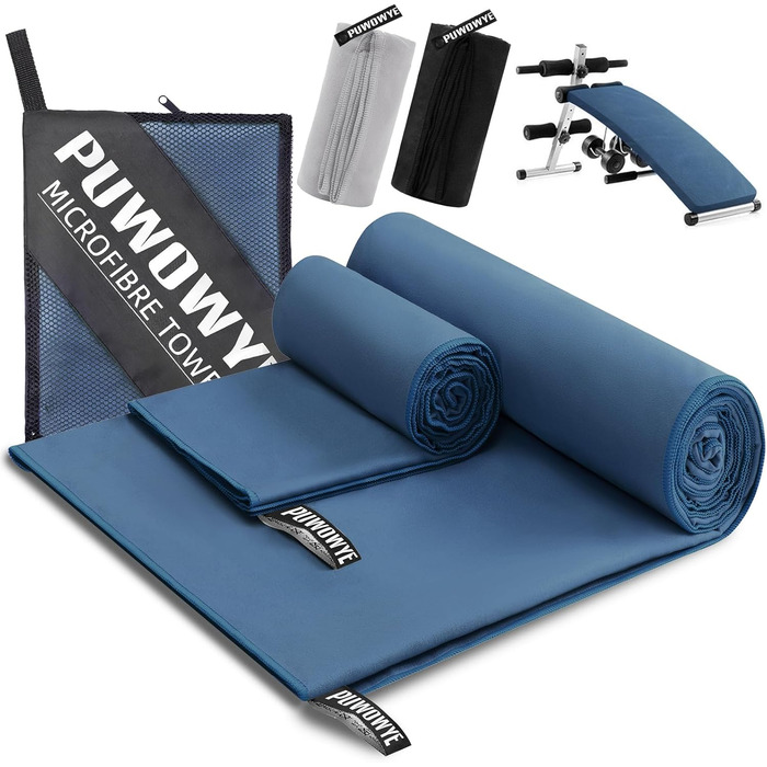 PUWOWYE Набір рушників з мікрофібри (2 шт.): великий 160x80 см + маленький 80x40 см, швидковисихаючі, для спорту, фітнесу, сауни, пляжу, подорожей та відпочинку на природі, блакитні