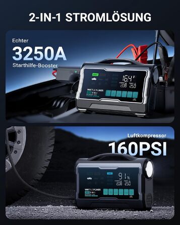Пусковий пристрій (бустер) VANTRUE POWER JS3 для авто з компресором 160 PSI та функцією Powerbank, чорно-сріблястий