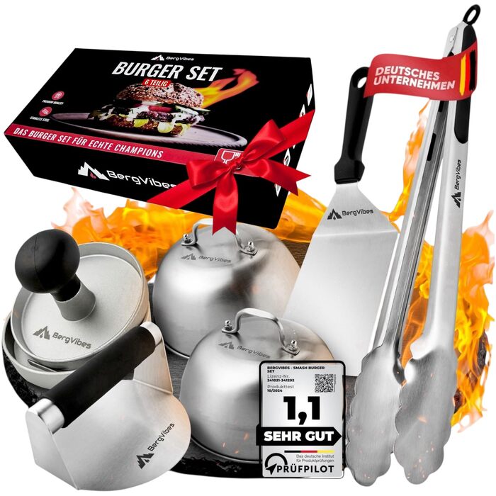 Набір для приготування Smash Burger від BERGVIBES (6 предметів) з нержавіючої сталі: прес, ложки, прес для планки, лопатка, щипці, спресер