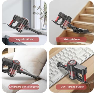 Yikko 3-в-1, пилосос 60KPa з потужним кабелем, електрична підміталка з гнучким шлангом, пилосос з LED-підсвічуванням, ідеально підходить для килимів/підлоги/волосся (Червоний-60)