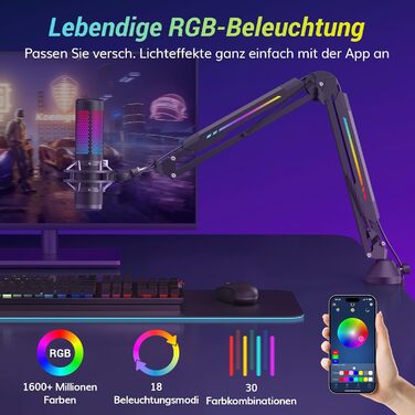 Кріплення для мікрофона TONOR T90 з RGB підсвічуванням, регульоване через APP, 11 режимів світла, сумісне з усіма мікрофонами