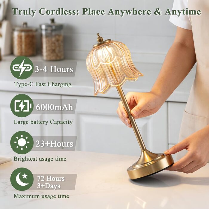 Ретро настільна лампа бездротова Rose з акумулятором 6000mAh, регульована яскравість, 3 режими освітлення, портативна LED лампа для спальні, вітальні, кухні (бурштиновий)