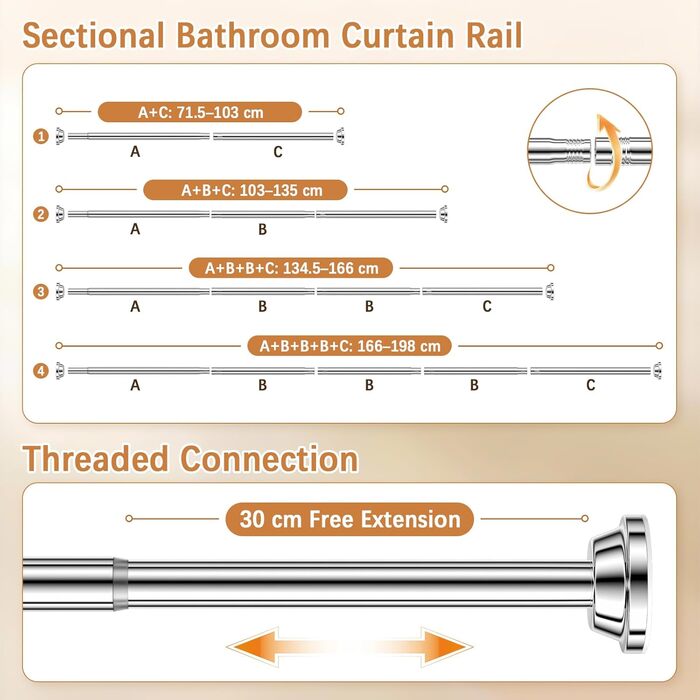 Штанга для душу без свердління, штанга для душу з нержавіючої сталі, стійка до іржі та ковзання, телескопічна висувна штанга 80-250см, для ванної кімнати, вікна, кухні, шафи