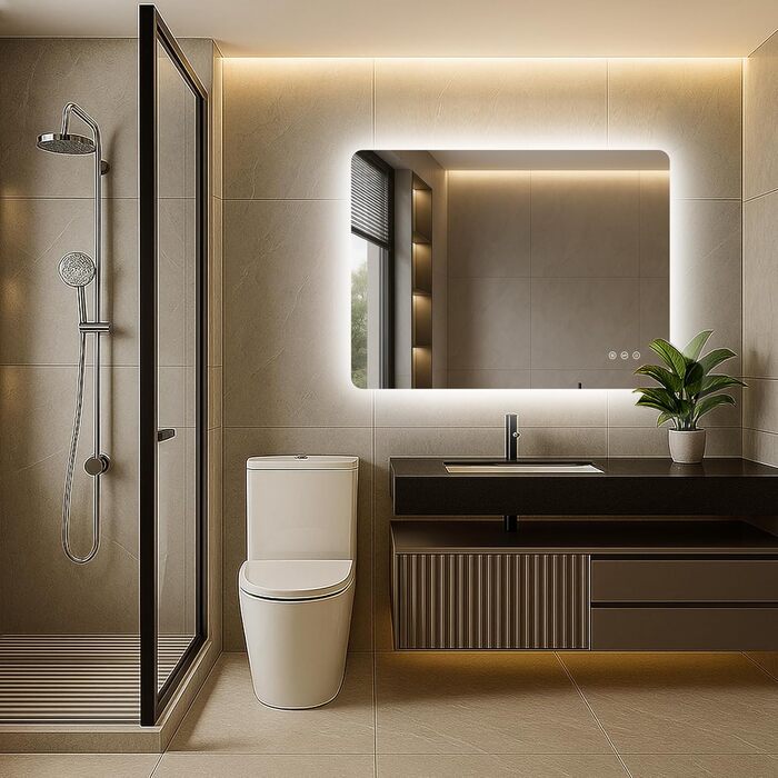 Дзеркало для ванної кімнати з підсвічуванням 50 x 70 см, LED дзеркало для ванної, антизапарник, 3 кольори світла, регулювання яскравості, прямокутна форма, сенсорна кнопка, функція пам'яті, горизонтальний/вертикальний монтаж