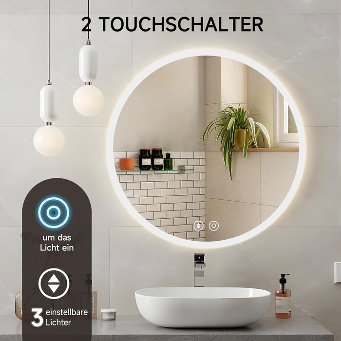 Дзеркало для ванної кімнати YOLEO кругле з підсвічуванням, 60 см, з сенсорним вимикачем, захисне скло, 3 кольори світла, регулювання яскравості, 6500K (50x50 см)