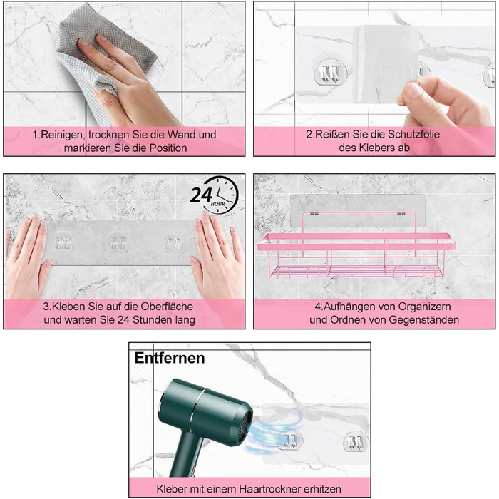 WwuHua Shower Shelf No Drilling, 2 Pack Shower Shelf, Shower Shelf for Hanging with 4 Hooks, Shampoo Holder for Shower, Bathroom Organizer for Shampoo and Shower Gel, Pink