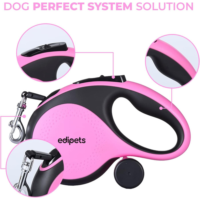Hundeleine Edipets висувна та втягувана, 5 м, рожева, для собак малих, середніх та великих порід
