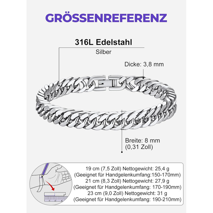 Чоловічий браслет Richsteel з нержавіючої сталі сріблястого/золотого/чорного кольору, ширина 8/12/17 мм, довжина 19/21/23 см, кубинський ланцюг, подарункова коробка. (23 см, 8 мм, срібло)