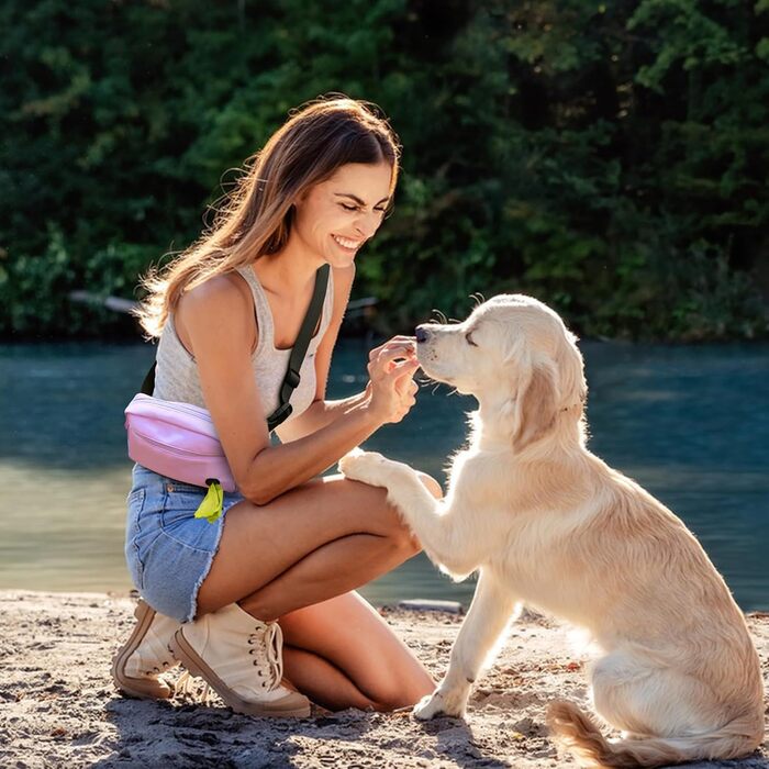 Сумка для собак з карабіном, сумка для тренування цуценят з відділенням для ласощів та контейнером для відходів, сумка для перенесення кормів для тварин з регульованим поясом (фіолетовий)